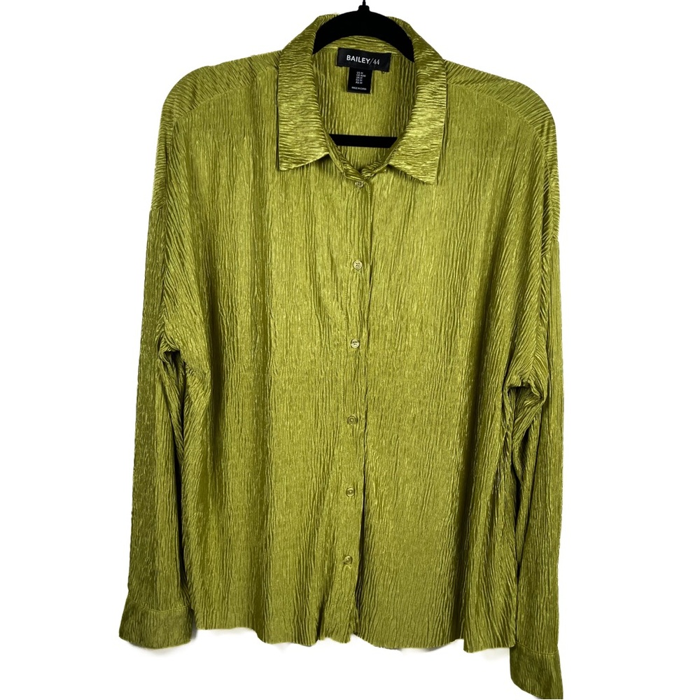 Bailey 44 Women's Long Sleeve Button-Up Top Chartreuse Green Crinkle M Office